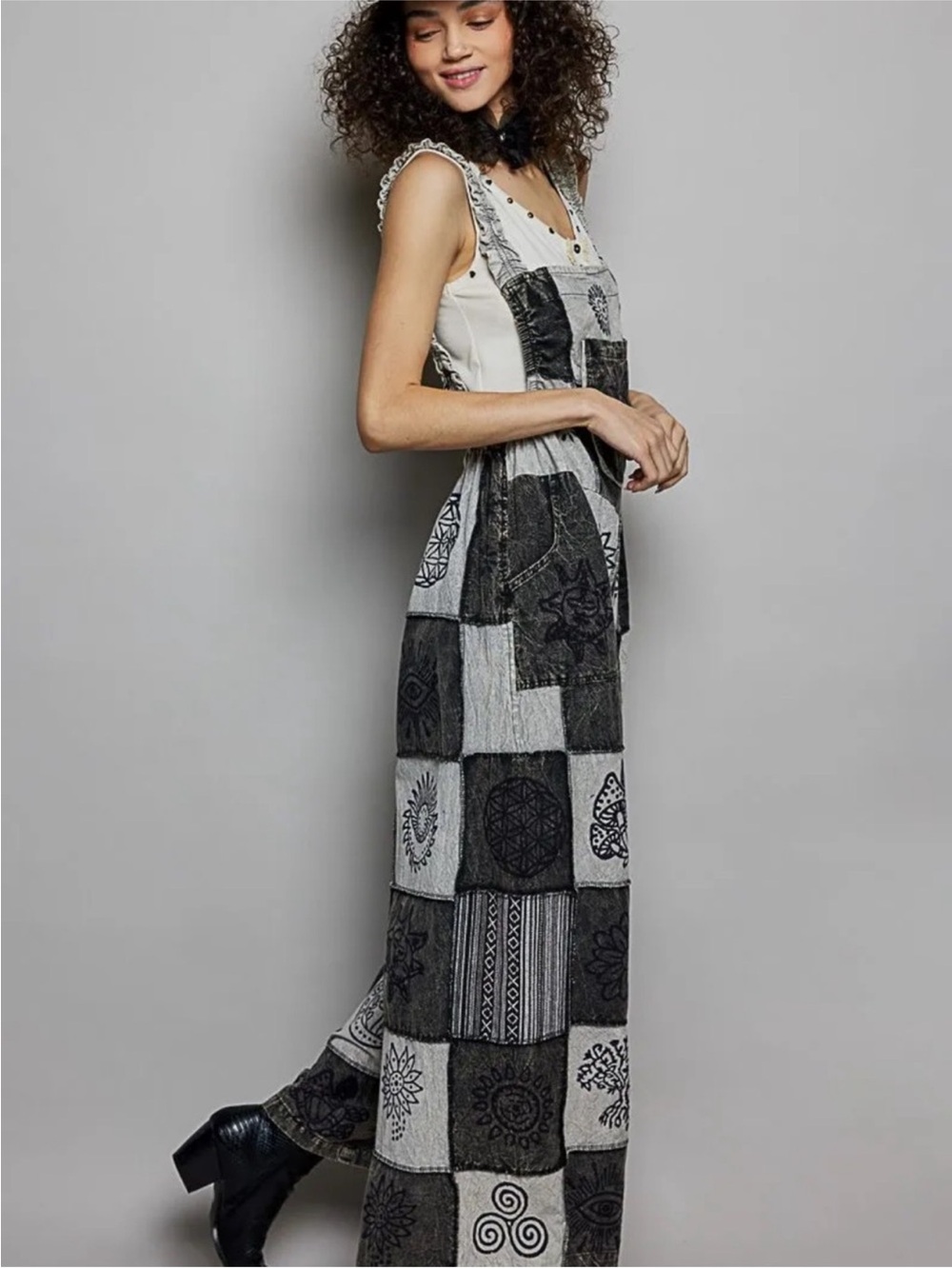 New: POL “Stormy Meadow” Mixed Patchwork Wide Leg Jumper Overalls• Small - Picture 3 of 6